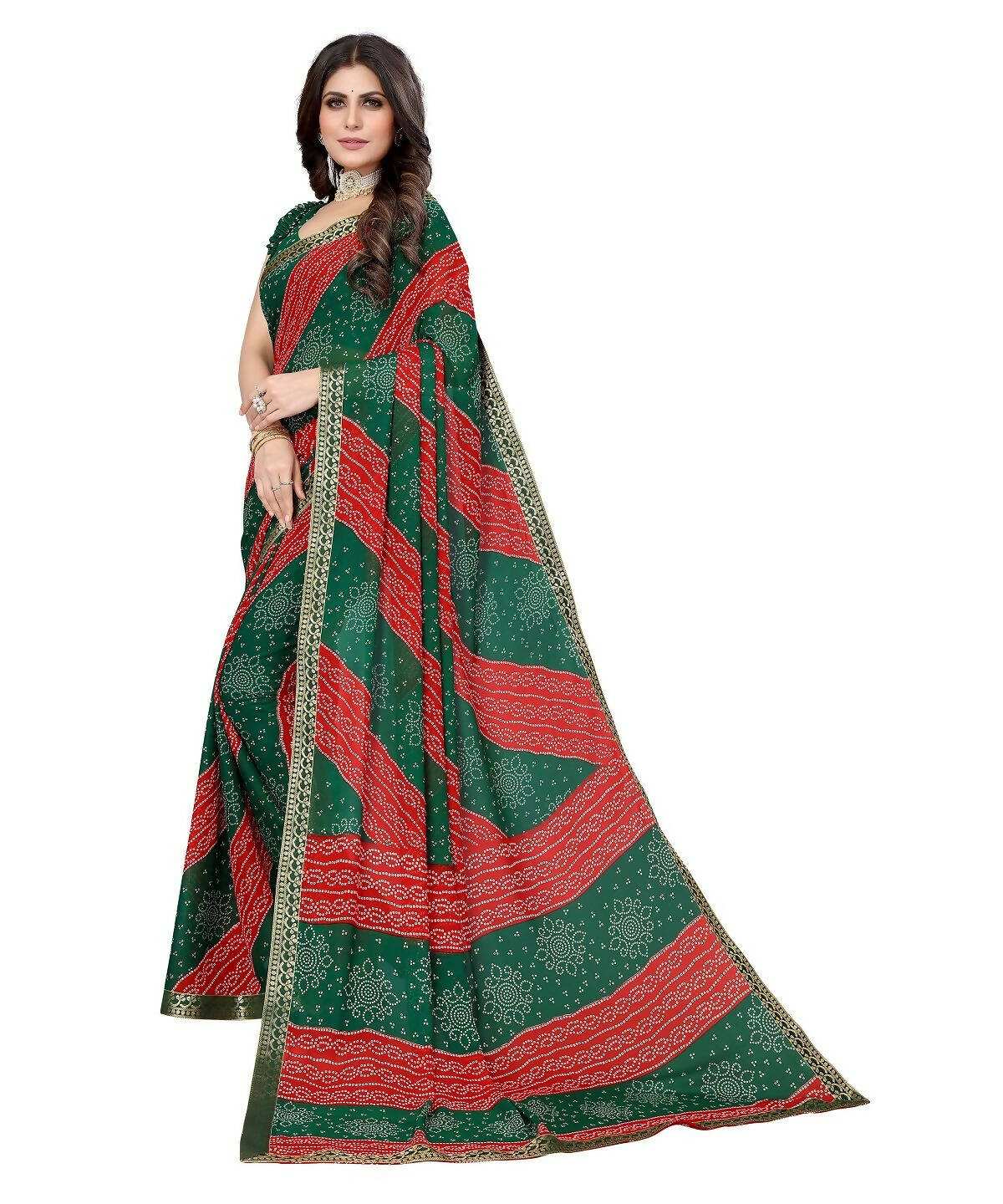 Vamika Green Georgette Printed With Lace Saree (MANYA GREEN RED)