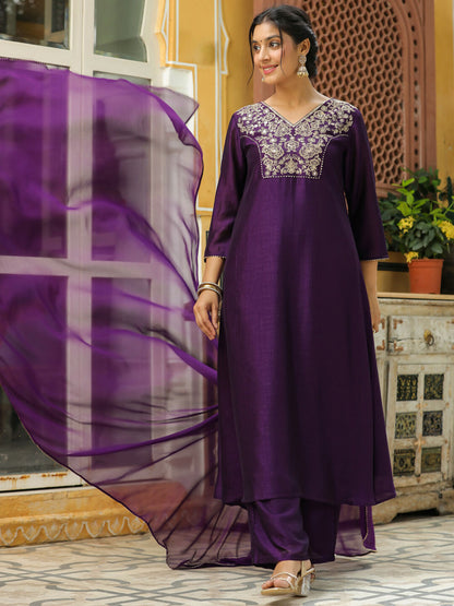 Janasya Purple Silk Blend Yoke Embroidery Kurta,Bottom & Dupatta