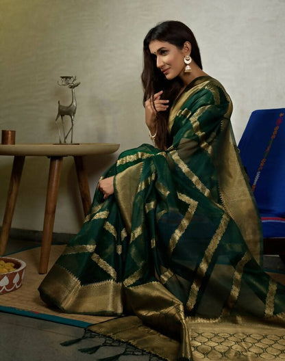 Glamorous Designer Stone Green Color Organza Silk Saree With Weaving Work - Yomika Fashions