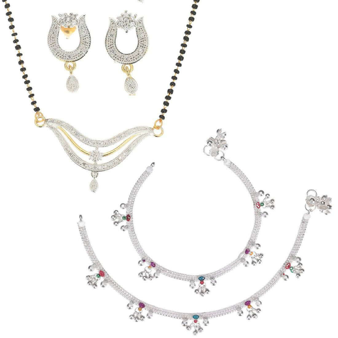 AanyaCentric Gold-Polished Mangalsutra Pendant Earring Set & Silver Plated Anklet