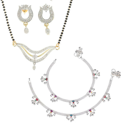 AanyaCentric Gold-Polished Mangalsutra Pendant Earring Set & Silver Plated Anklet