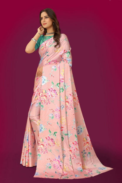 Aayaa Designer Printed Satin Saree - Multi Color