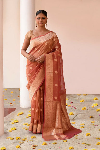 Joban Fashion Rose Gold Banarasi Tissue Pure Handloom Banarasi Silk Saree