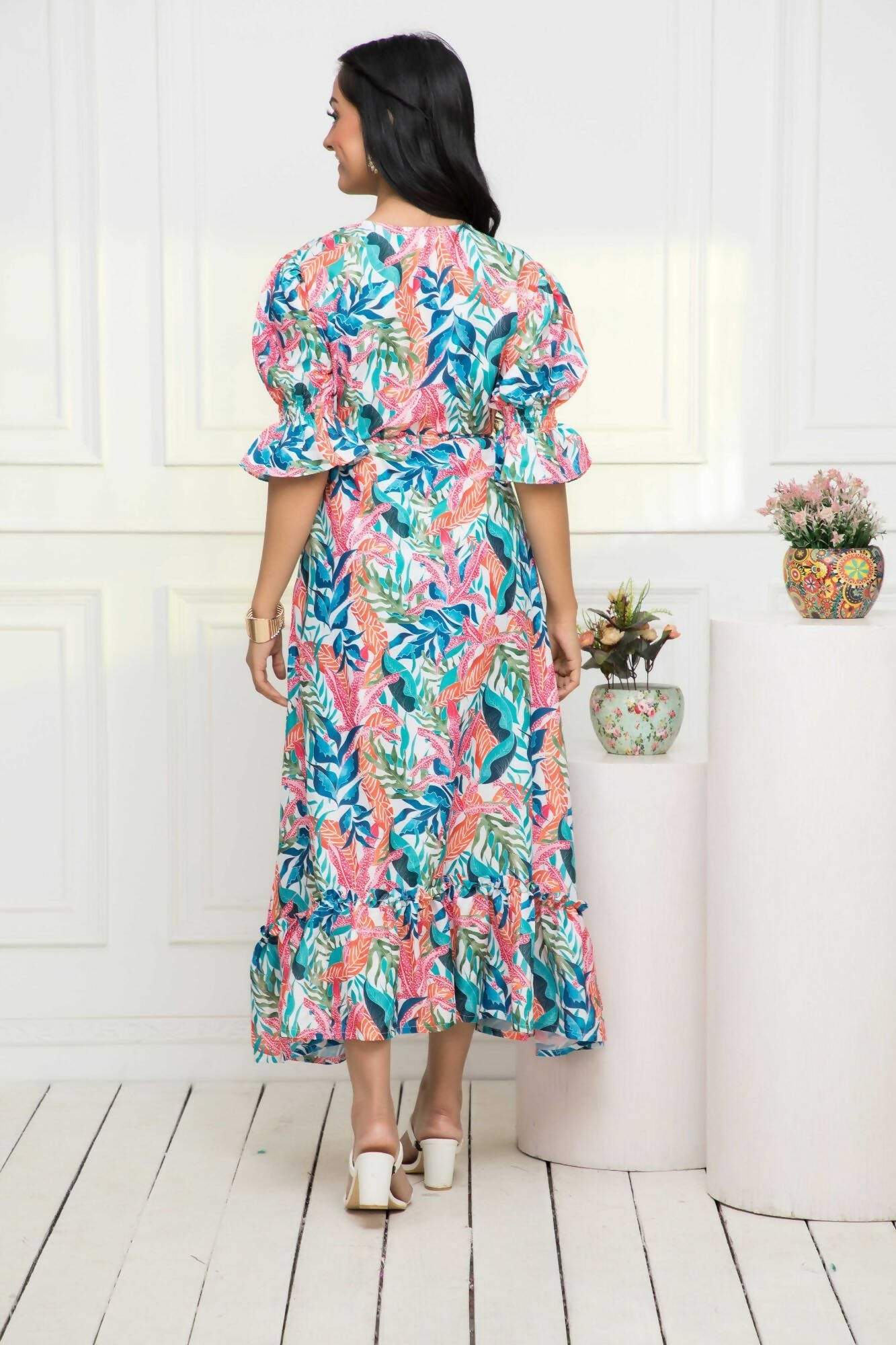 Myshka Women Multi Floral Polyester A-Line V-Neck Dress