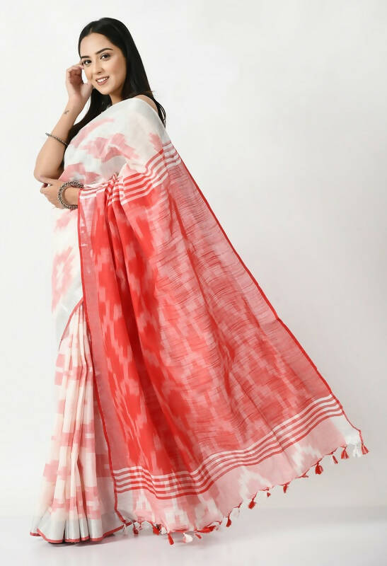 Mominos Fashion Moeza White & Red Bhagalpuri Handloom Ikat Pure Cotton Saree with unstitched Blouse piece