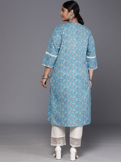 Sztori Plus Size Floral Printed Notch Neck Cotton Straight Kurta