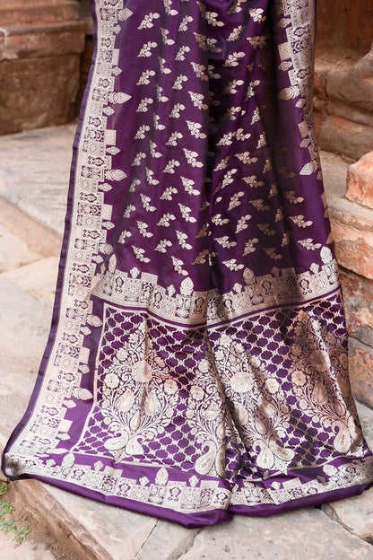 Joban Fashion Plum Purple Hand Woven & Zari Work Katan Pure Handloom Banarasi Silk Saree