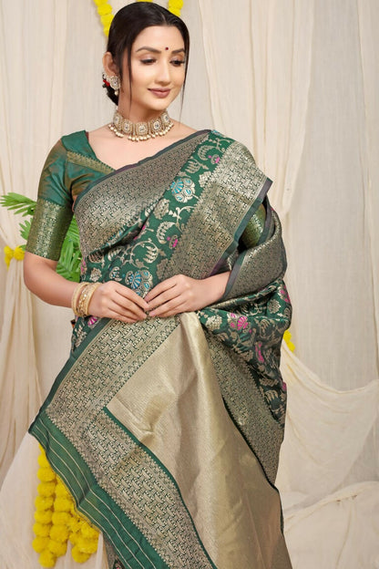 Jyoti Fashion Women's Bottle Green Kanjivaram Silk Zari Woven Saree with Blouse