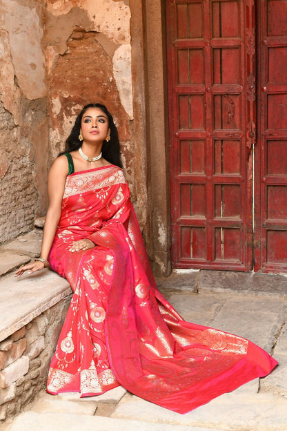 Joban Fashion Red Soft Pure Handloom Banarasi Silk Saree