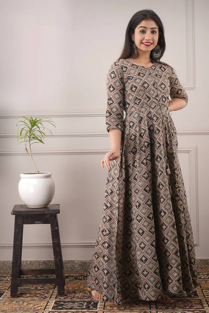 Partywear Designer Hand Screen and Foil Print Multi Pure chanderi Gown - Anbazaar