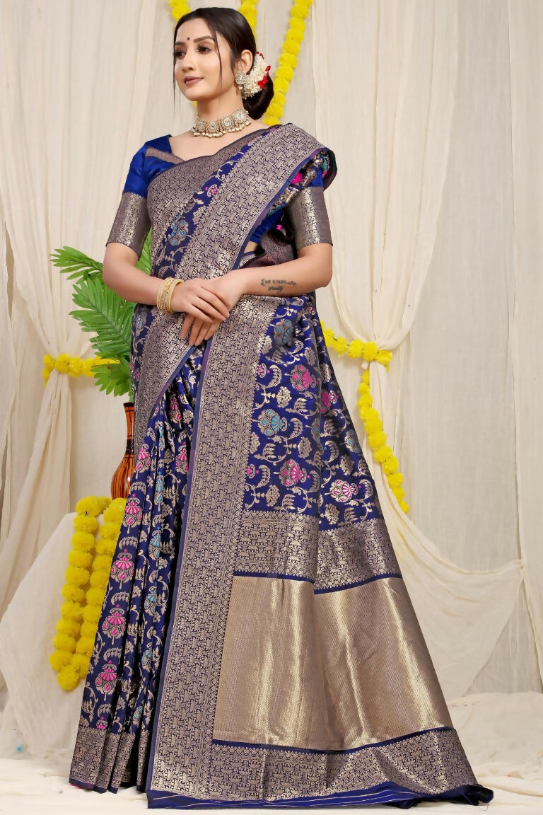 Jyoti Fashion Women's Navy Blue Kanjivaram Silk Zari Woven Saree with Blouse