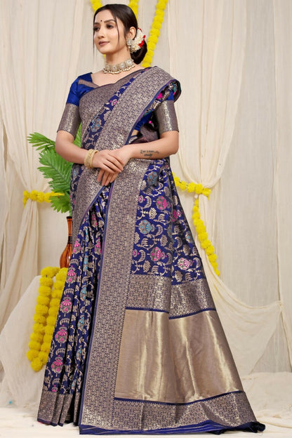 Jyoti Fashion Women's Navy Blue Kanjivaram Silk Zari Woven Saree with Blouse