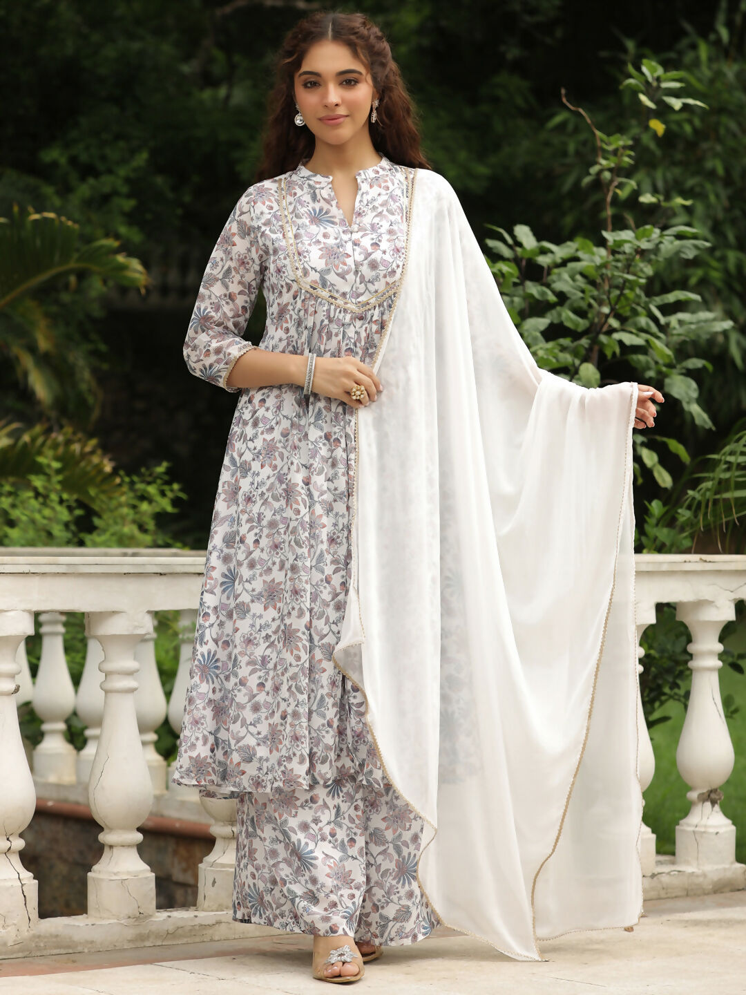 Janasya White Georgette Floral Kurta,Bottom & Dupatta