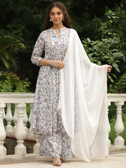 Janasya White Georgette Floral Kurta,Bottom & Dupatta