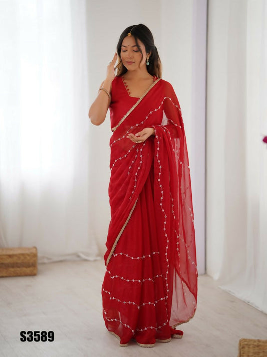 Red Sitara Chiffon Designer Beads Moti,Val Sequence Work Saree - Noorie