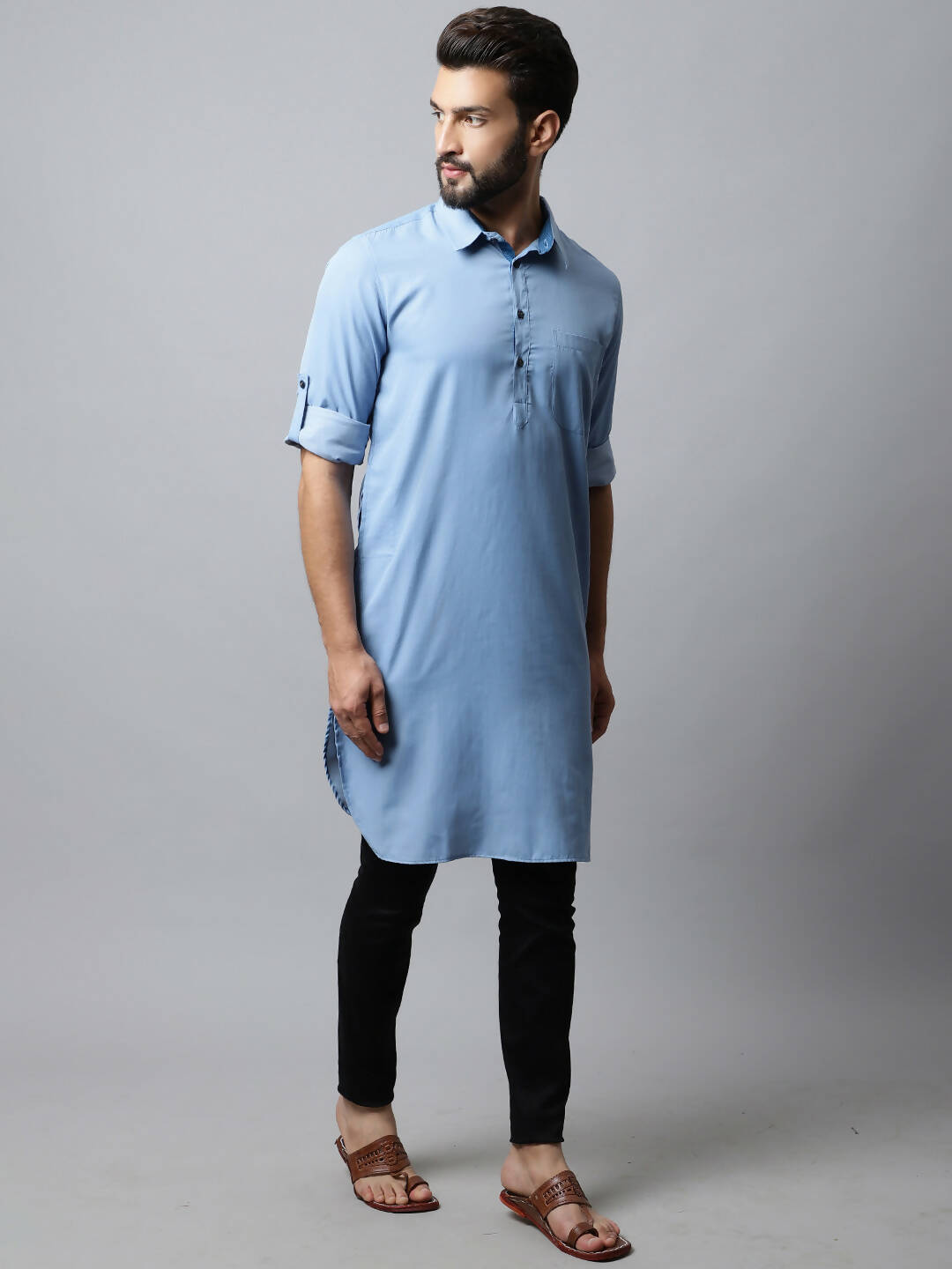 Even Apparels sky Blue Color Pure Cotton Solid Men's Kurta With Shirt Collar (MMS503)