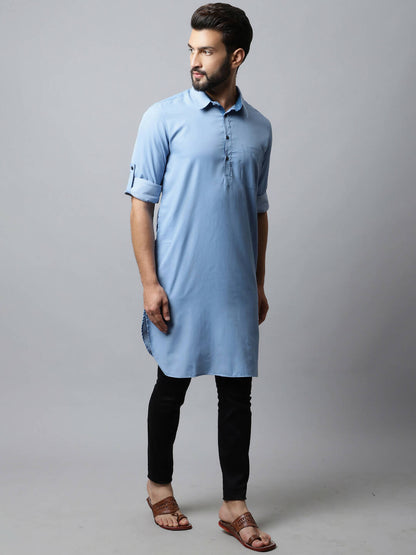 Even Apparels sky Blue Color Pure Cotton Solid Men's Kurta With Shirt Collar (MMS503)