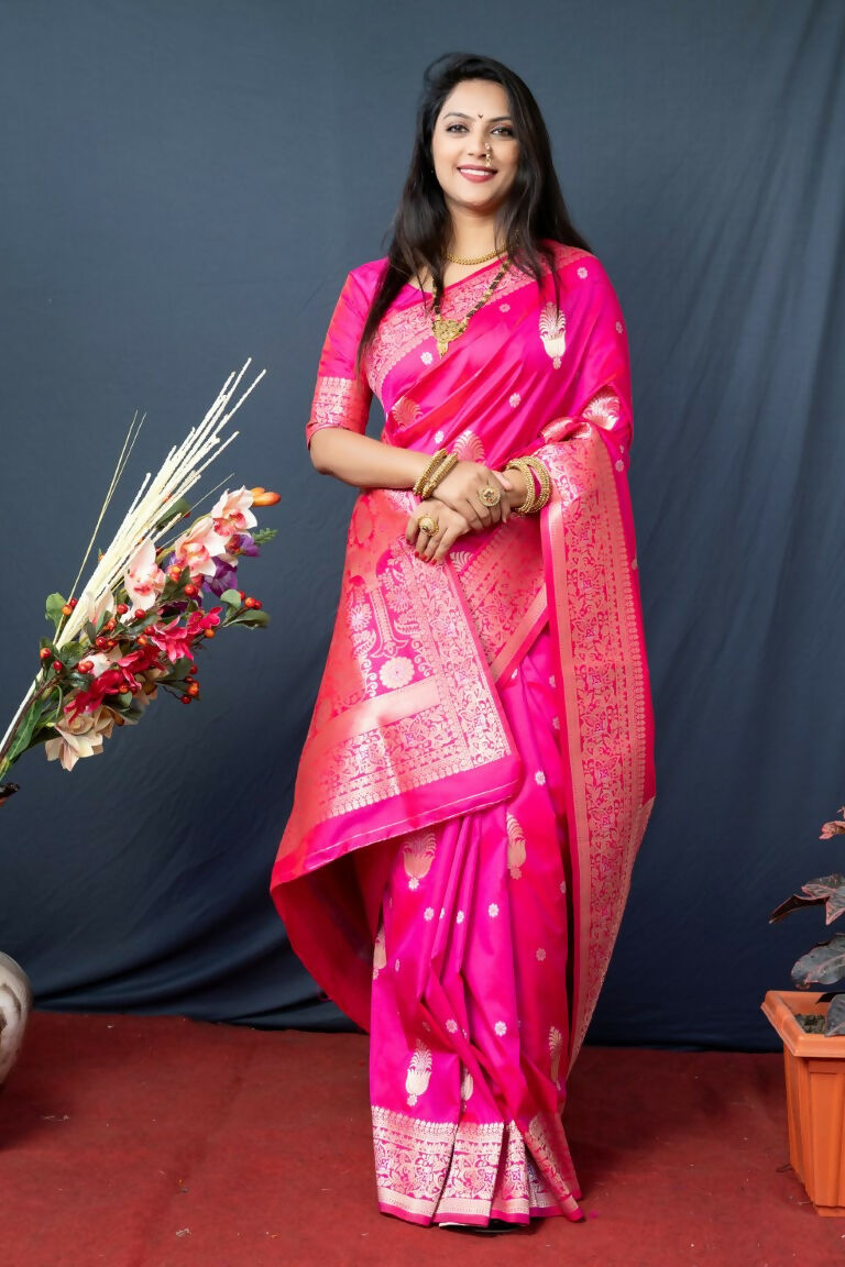 Jyoti Fashion Women's Pink Paithani Silk Zari Woven Saree with Blouse