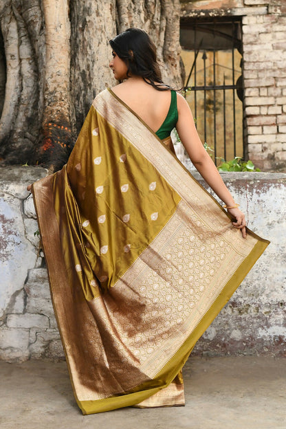 Joban Fashion Olive Green Pure Katan Pure Handloom Banarasi Silk Saree