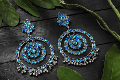 Mominos Fashion Johar Kamal Women's Blue Kundan Circles Earrings