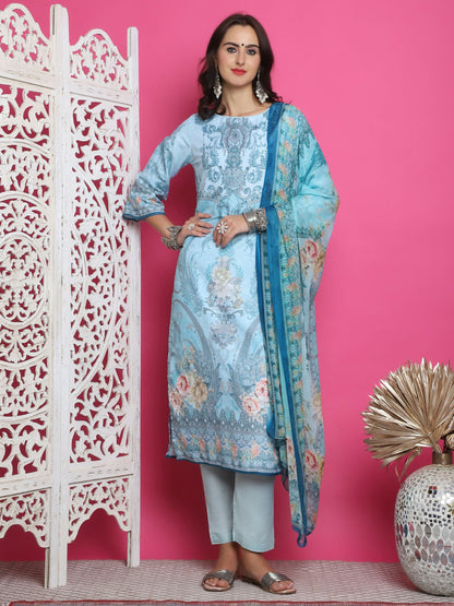 Jyoti Fashion Women's Turquoise Satin Traditional Digital Print with Crystal work Kurta with Trouser & Dupatta