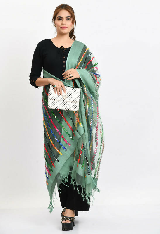 Mominos Fashion Moeza Women's Orgenza Multi Thread Mirror Work Pista Green Dupatta