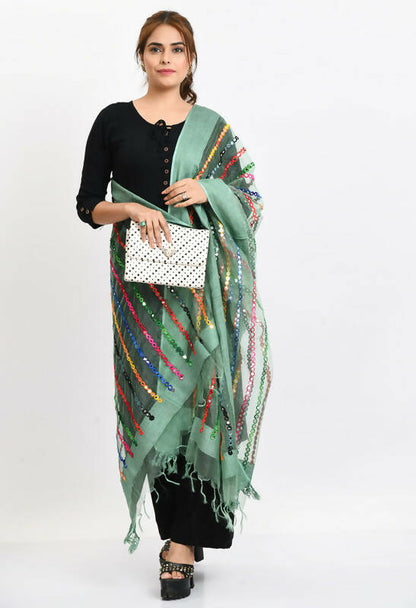 Mominos Fashion Moeza Women's Orgenza Multi Thread Mirror Work Pista Green Dupatta