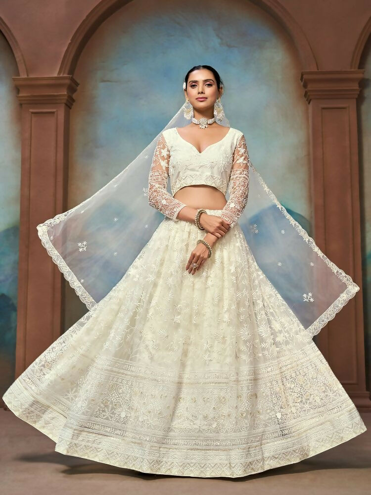White Net Thread Sequence Embroidery Lehenga Choli - Jihu Culture