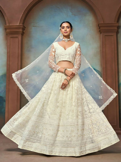 White Net Thread Sequence Embroidery Lehenga Choli - Jihu Culture
