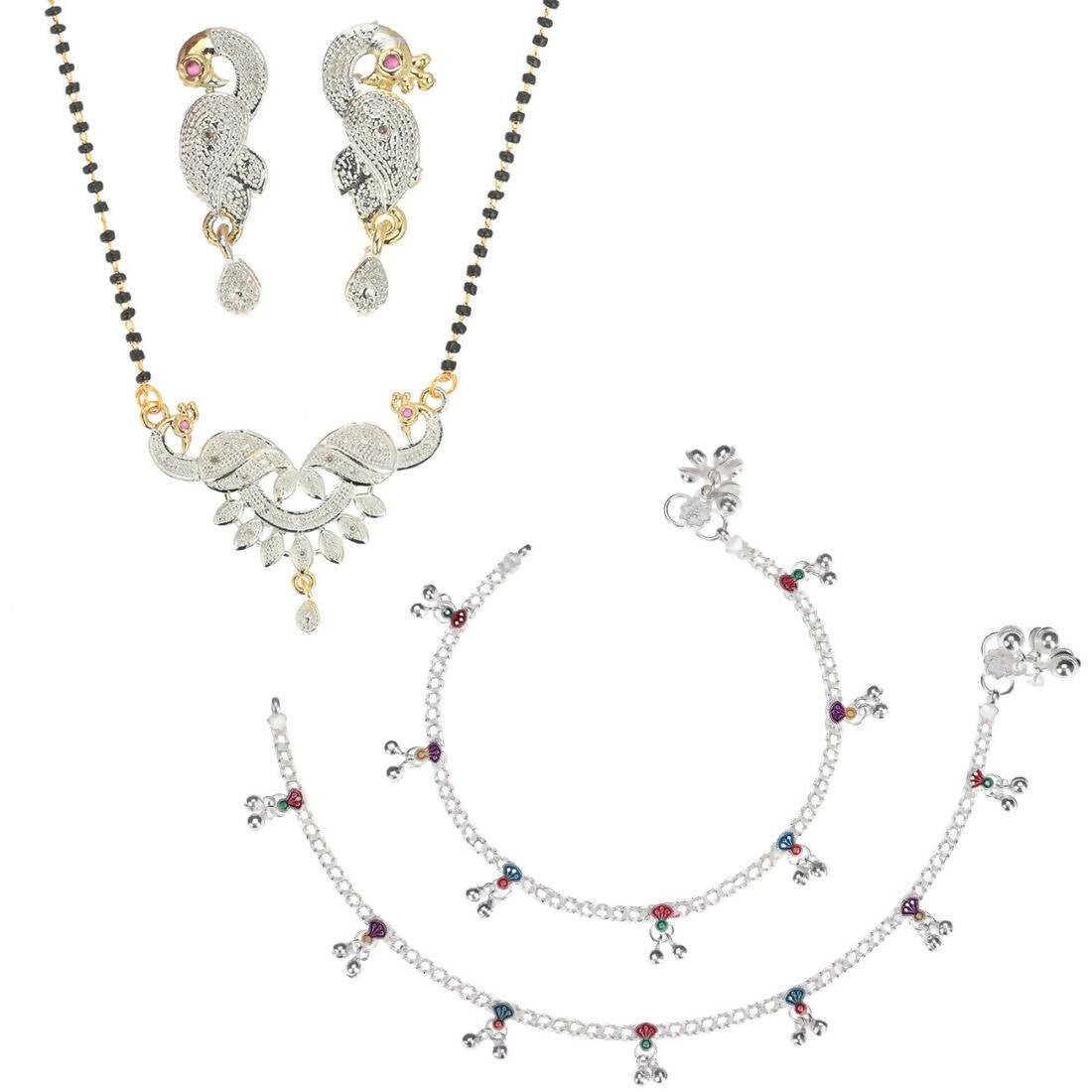 AanyaCentric Gold-Polished Mangalsutra Pendant Earring Set & Silver Plated Anklet