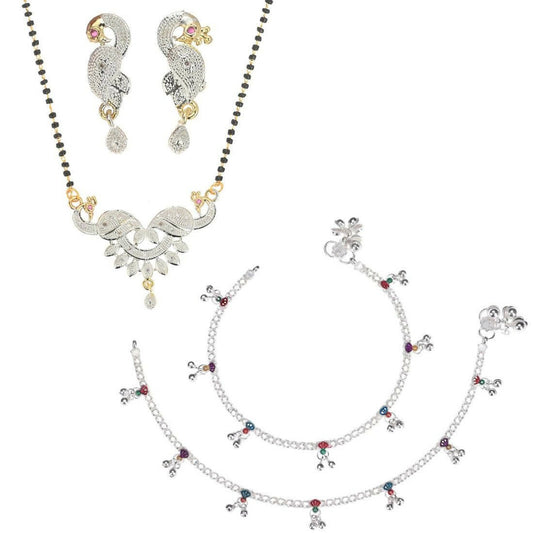 AanyaCentric Gold-Polished Mangalsutra Pendant Earring Set & Silver Plated Anklet