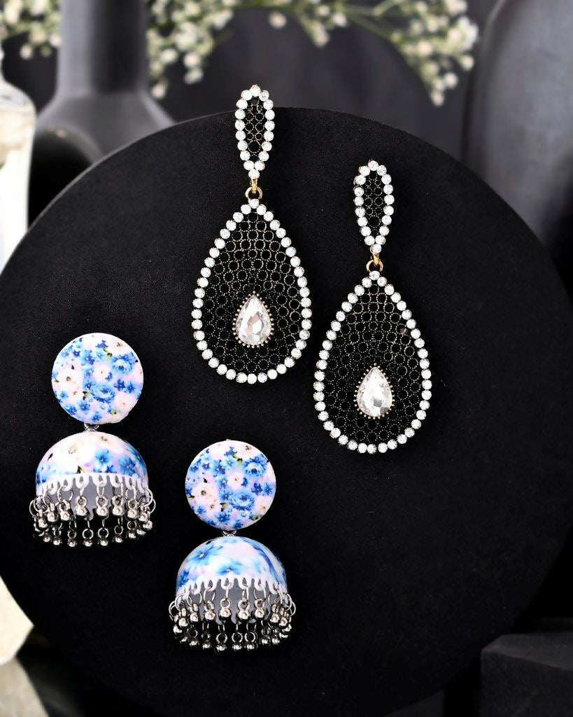 VOJ Set Of 2 Earrings- Blue Printed Jhumka With Black AD Studded Drop Earrings