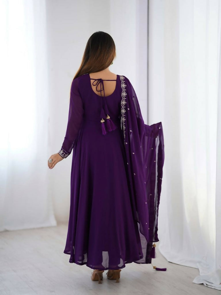Teeya Creation Purple Color Pure Soft Georgette Embroidery Work Gown