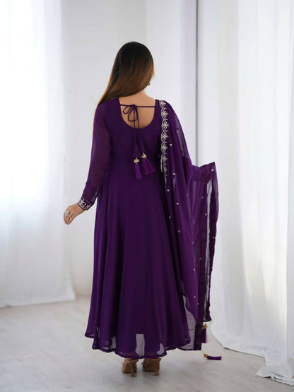 Teeya Creation Purple Color Pure Soft Georgette Embroidery Work Gown