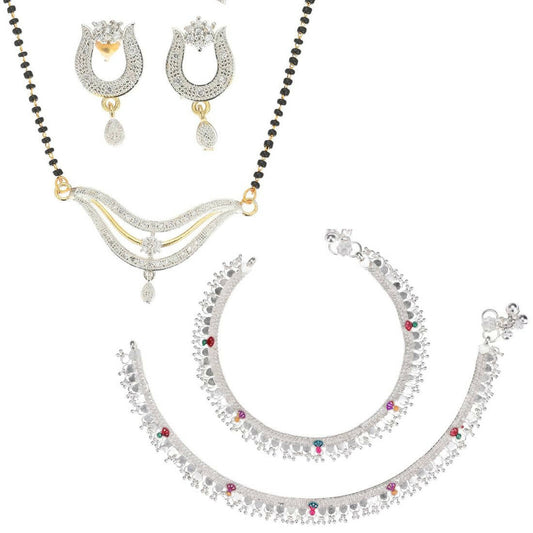 AanyaCentric Gold-Polished Mangalsutra Pendant Earring Set & Silver Plated Anklet