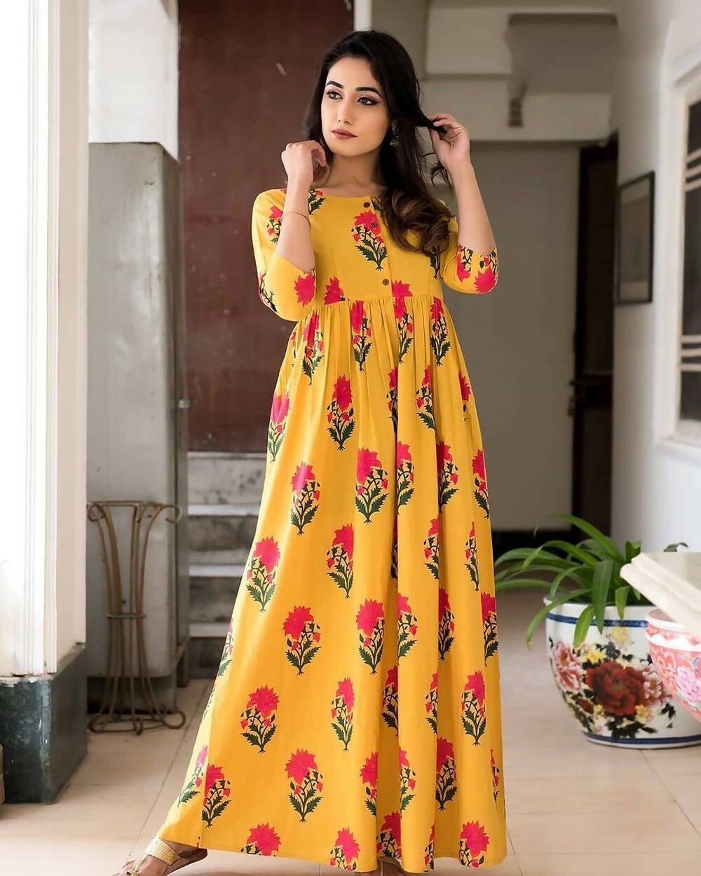 Partywear Designer Gold Yellow Pure Maslin Gown - Anbazaar