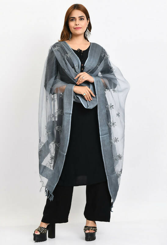 Mominos Fashion Moeza Women's Orgenza All Over Chikan Work Grey Dupatta