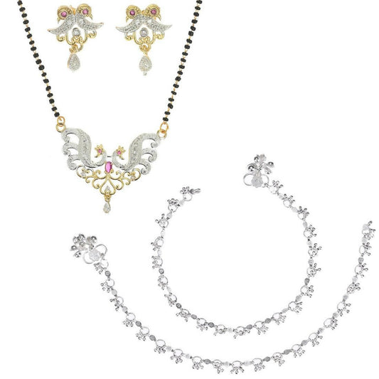 AanyaCentric Gold-Polished Mangalsutra Pendant Earring Set & Silver Plated Anklet