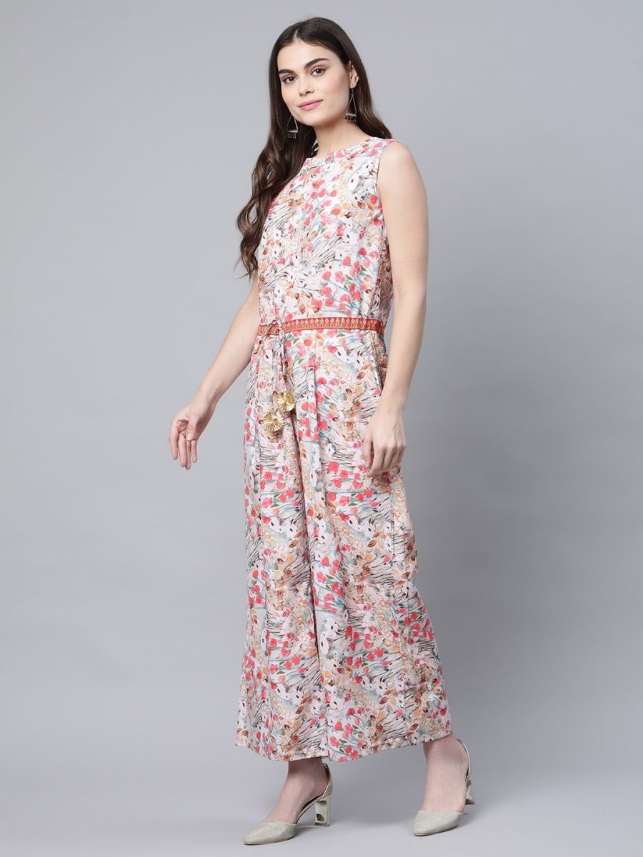 Ahalyaa Womens Pink Crepe Digital Print Floral Jumpsuit