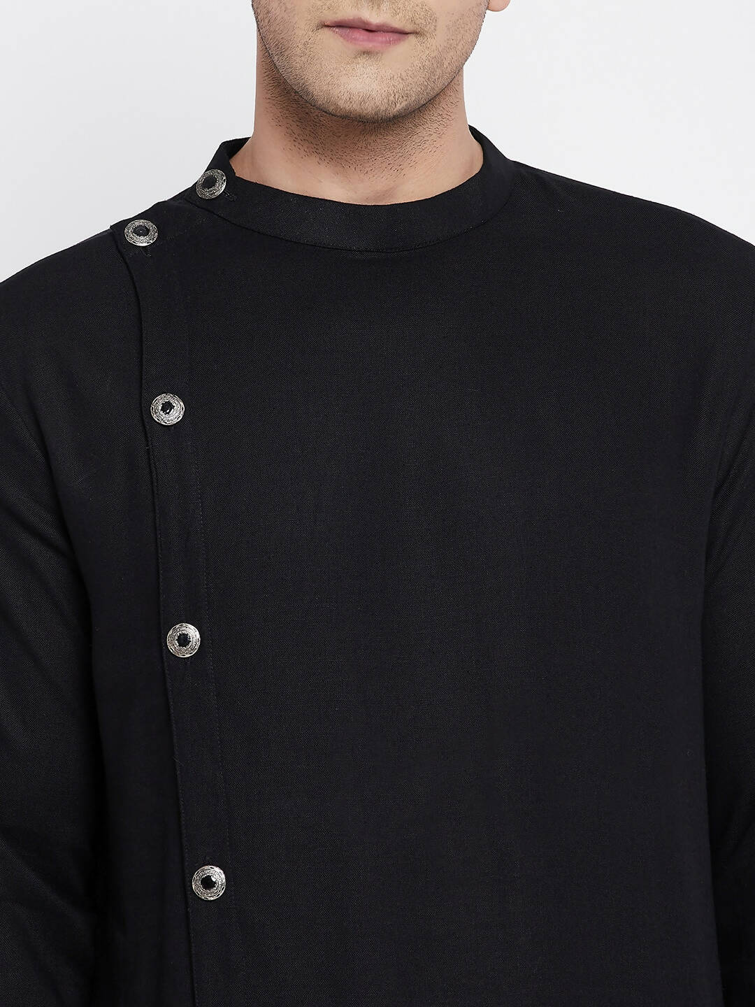 Even Apparels Black Pure Cotton Men's Sherwani Kurta With Asymetrical Cut