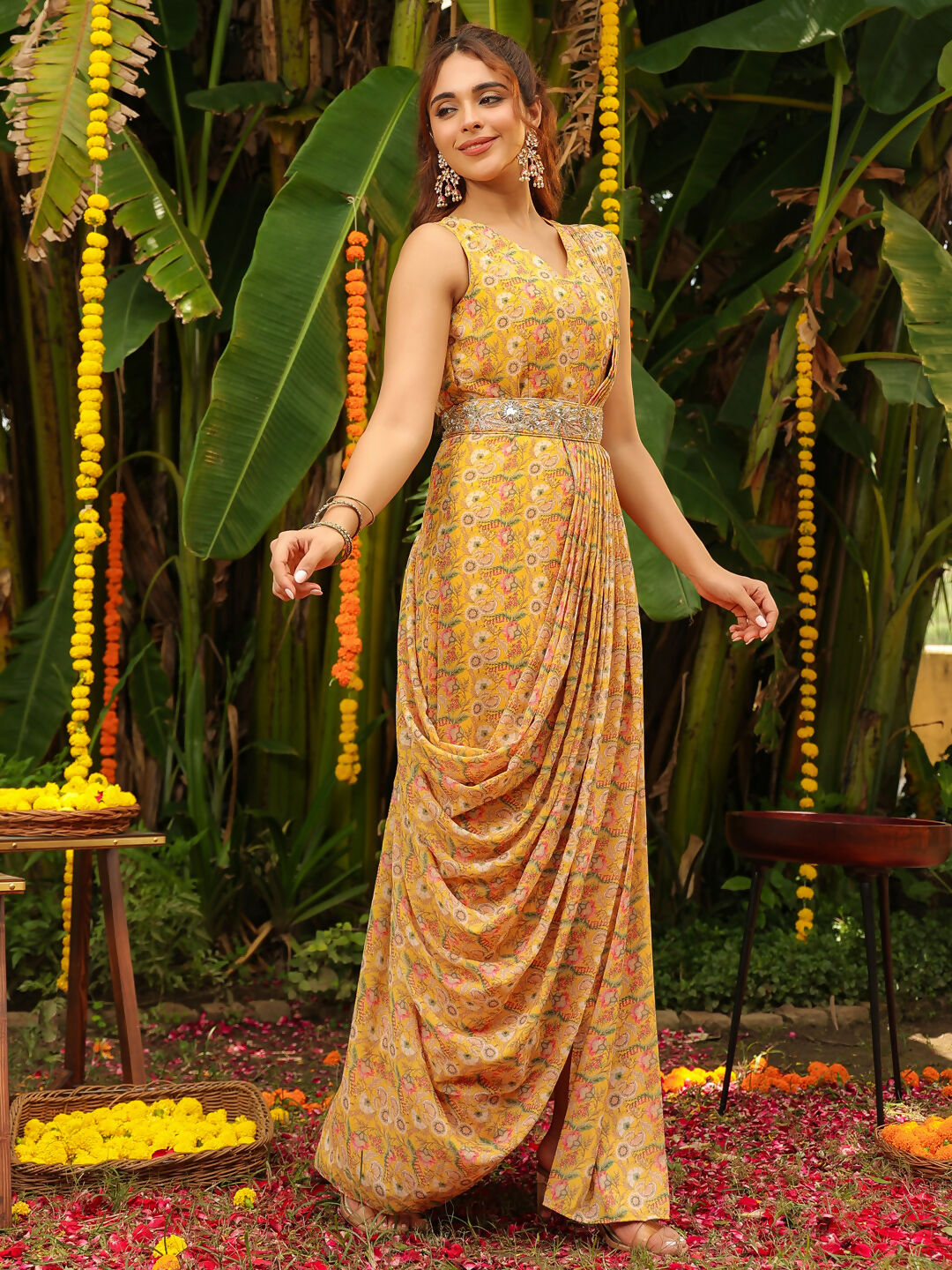Janasya Mustard Georgette Floral Saree