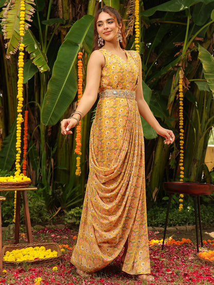 Janasya Mustard Georgette Floral Saree