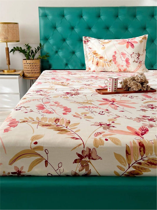 URBAN SPACE Serene White Floral Printed 200 TC Pure Cotton Bedsheet & Pillow Covers