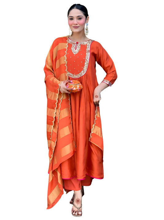 The52 Rust Women's Gorgeous Embroidered Work Chanderi Fabric Flared Kurta Pant and Dupatta Set