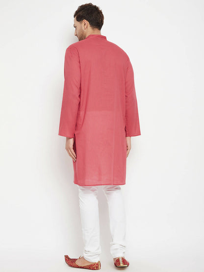 Even Apparels Rust Pure Cotton Long Men's Kurta With Band Collar