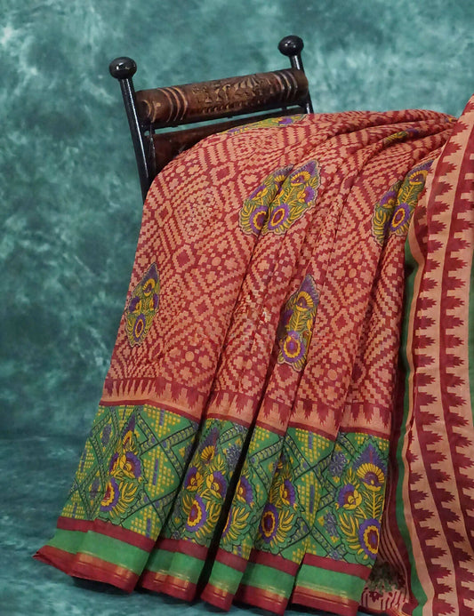 Mix of Orange and Teracotta Red Printed Semi Chanderi Saree By Gayathri Reddy Designer Studio