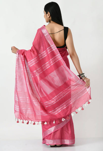 Mominos Fashion Moeza Pink Bhagalpuri Handloom Silk Linen Saree with unstitched Blouse piece