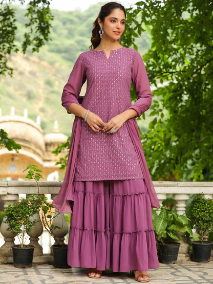 Janasya Lavender Georgette Embroidered Kurta,Bottom & Dupatta