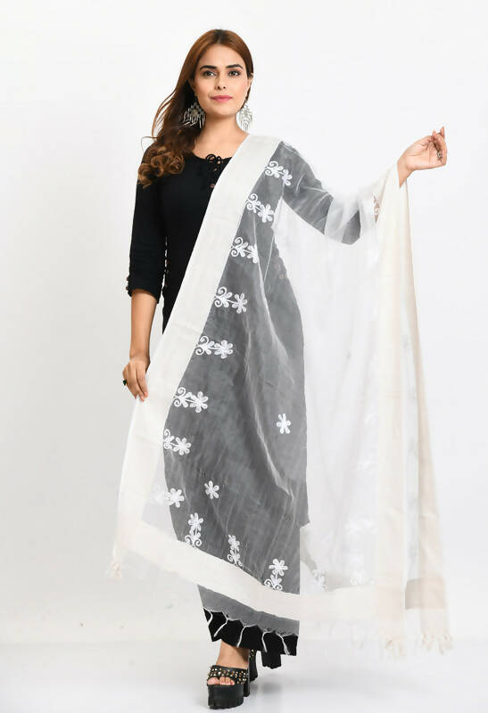 Mominos Fashion Moeza Women's Orgenza All Over Chikan Work White Dupatta