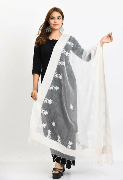 Mominos Fashion Moeza Women's Orgenza All Over Chikan Work White Dupatta